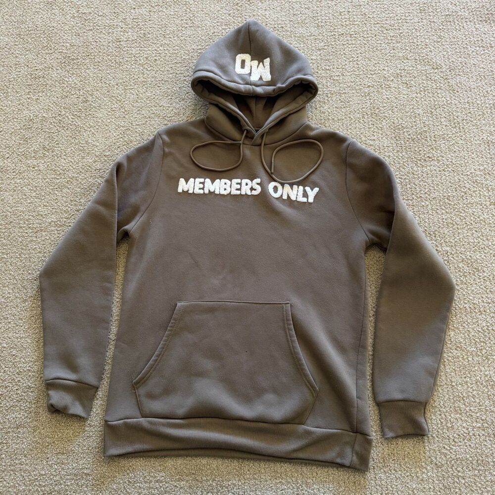 Members Only Pullover Hoodie Mens S Brown Chenille Spellout Kangaroo Pocket